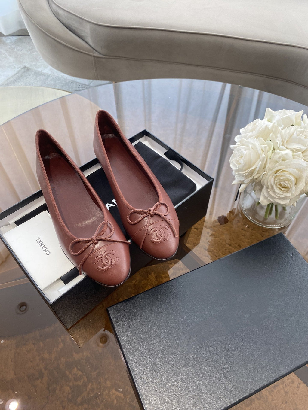 CHANEL BALLET FLATS BURGUNDY LAMBSKIN