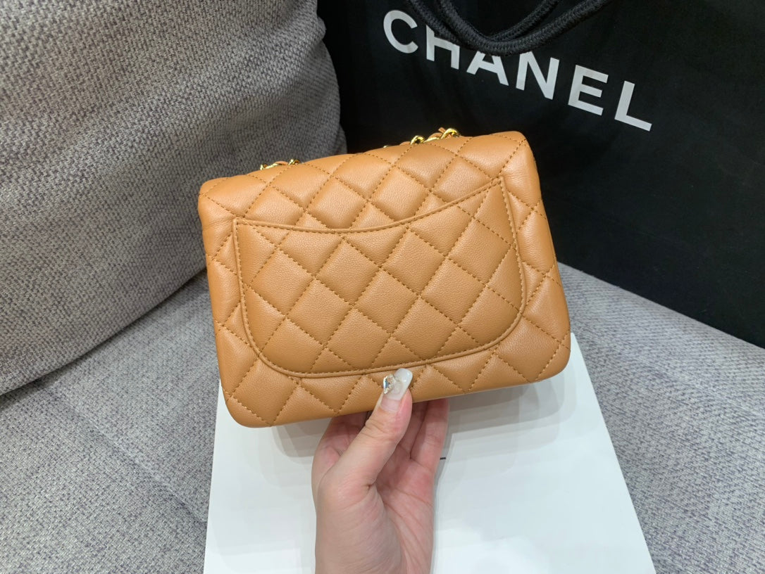 CHANEL MINI SQUARE FLAP BAG 17CM BROWN LAMBSKIN GOLD HARDWARE