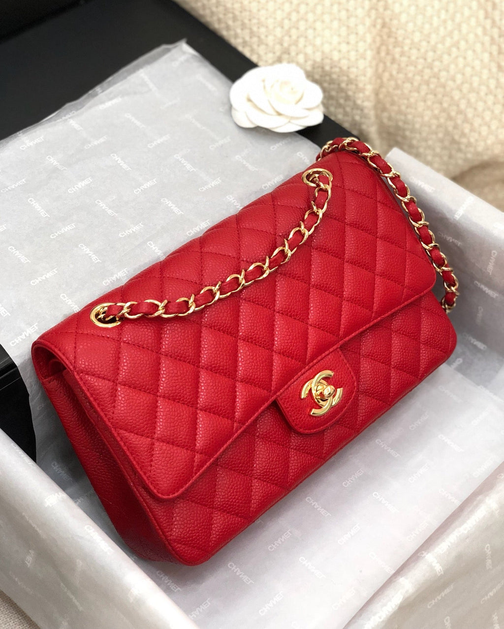 CHANEL FLAP BAG MEDIUM 25CM RED CAVIAR GOLD HARDWARE
