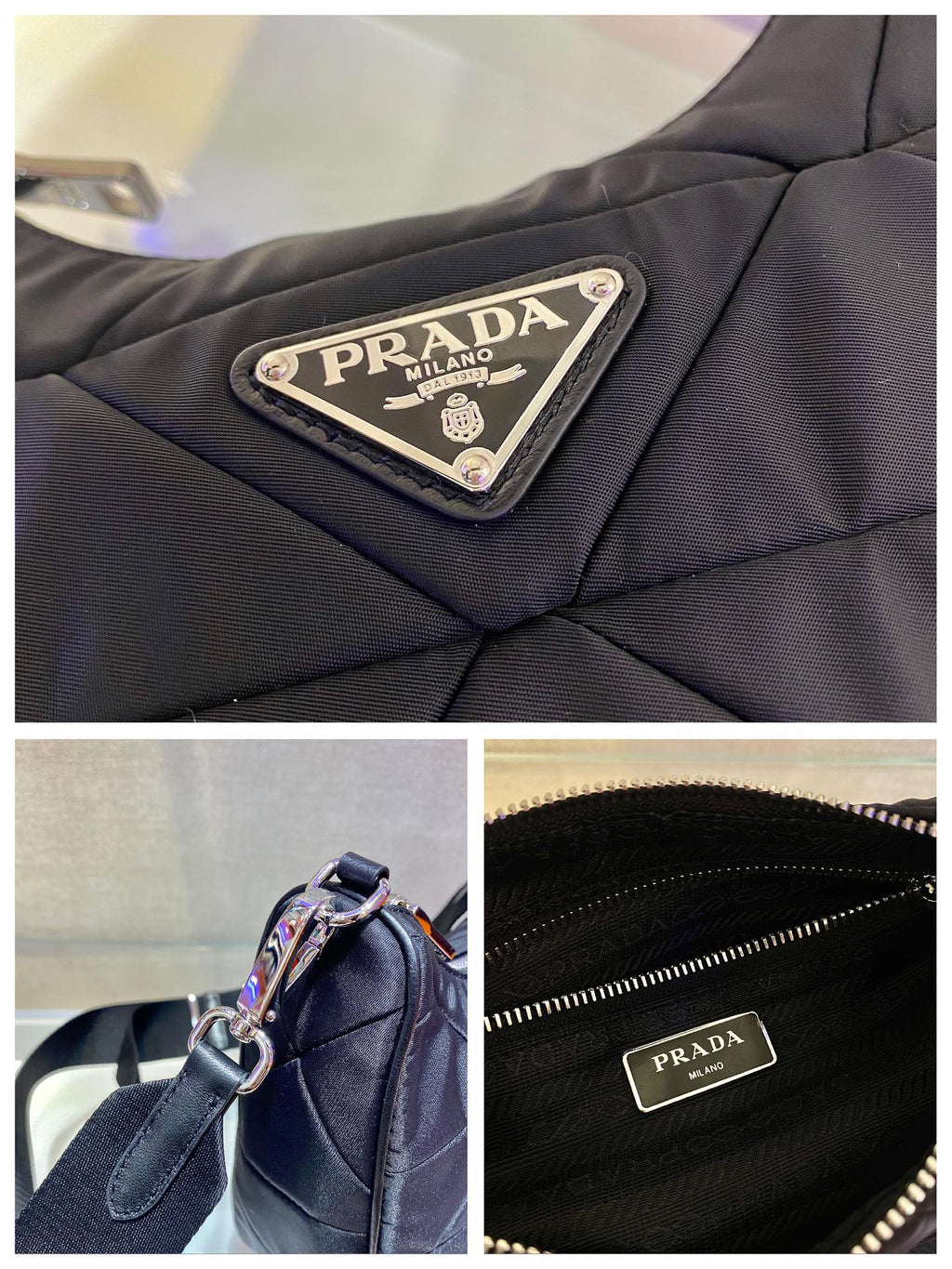PRADA HOBO BAG 24 IN BLACK TRIANGULAR QUILTED PATTERN RE-NYLON