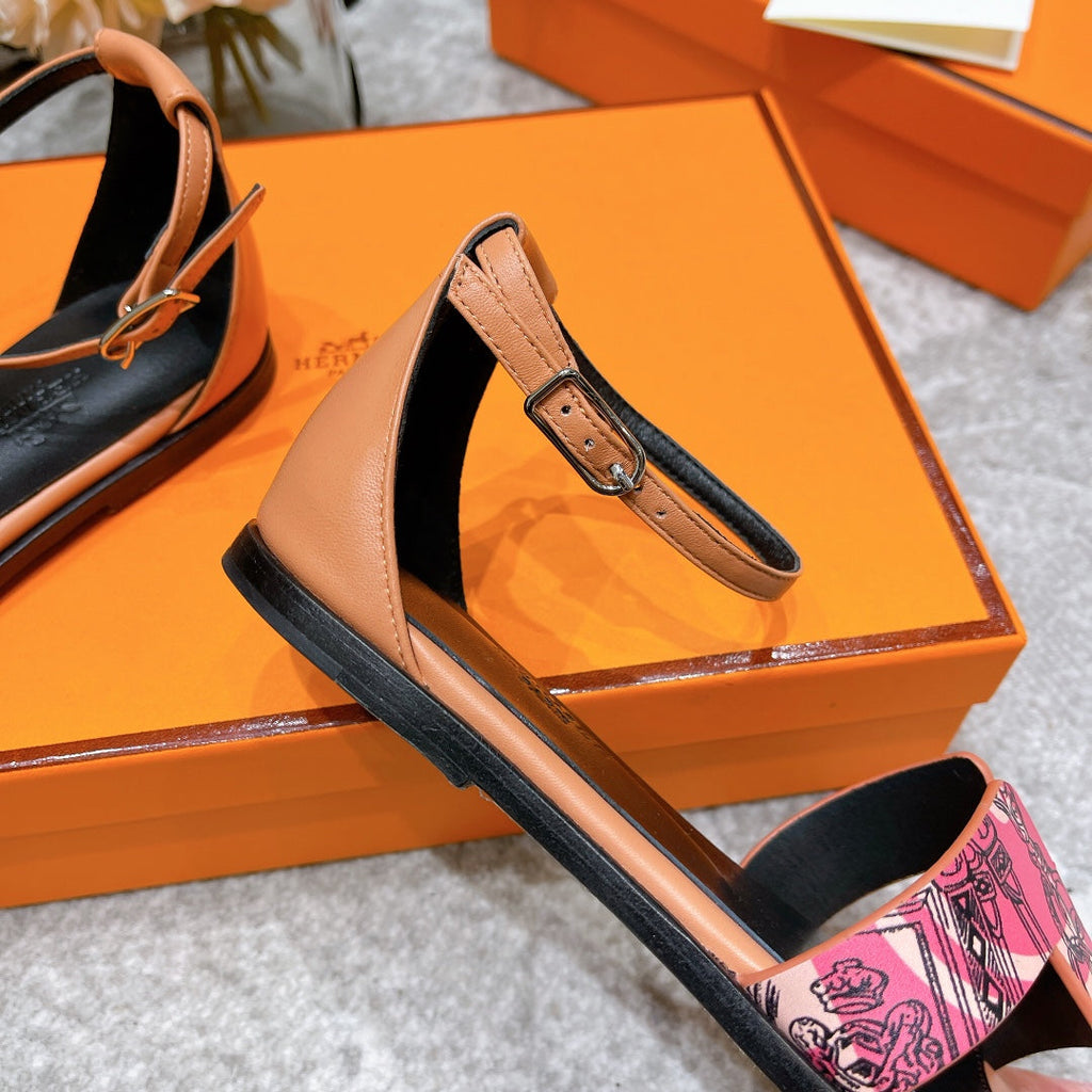 HERMES SANTORINI SANDAL BLACK MIX LIGHT PINK CALFSKIN WITH PATTERN
