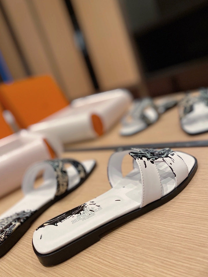 HERMES 0RAN SANDALS IN WHITE MIX COLORFUL CALFSKIN