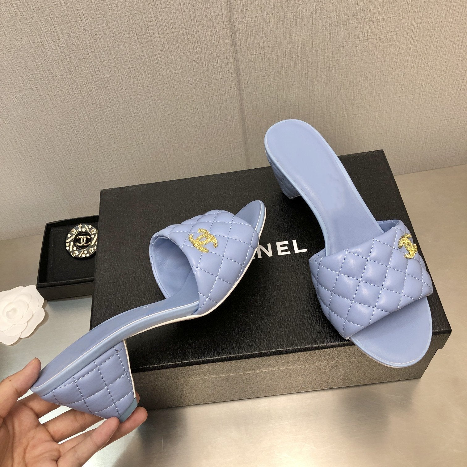 CHANEL rev cone heel mule slide sandal cloud blue quilted lambskin 6cm