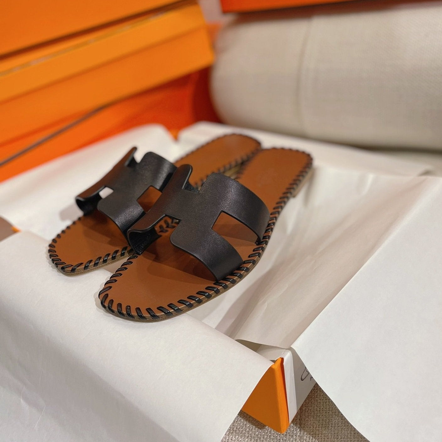 HERMES 0RAN SANDAL Braided Calfskin BLACK