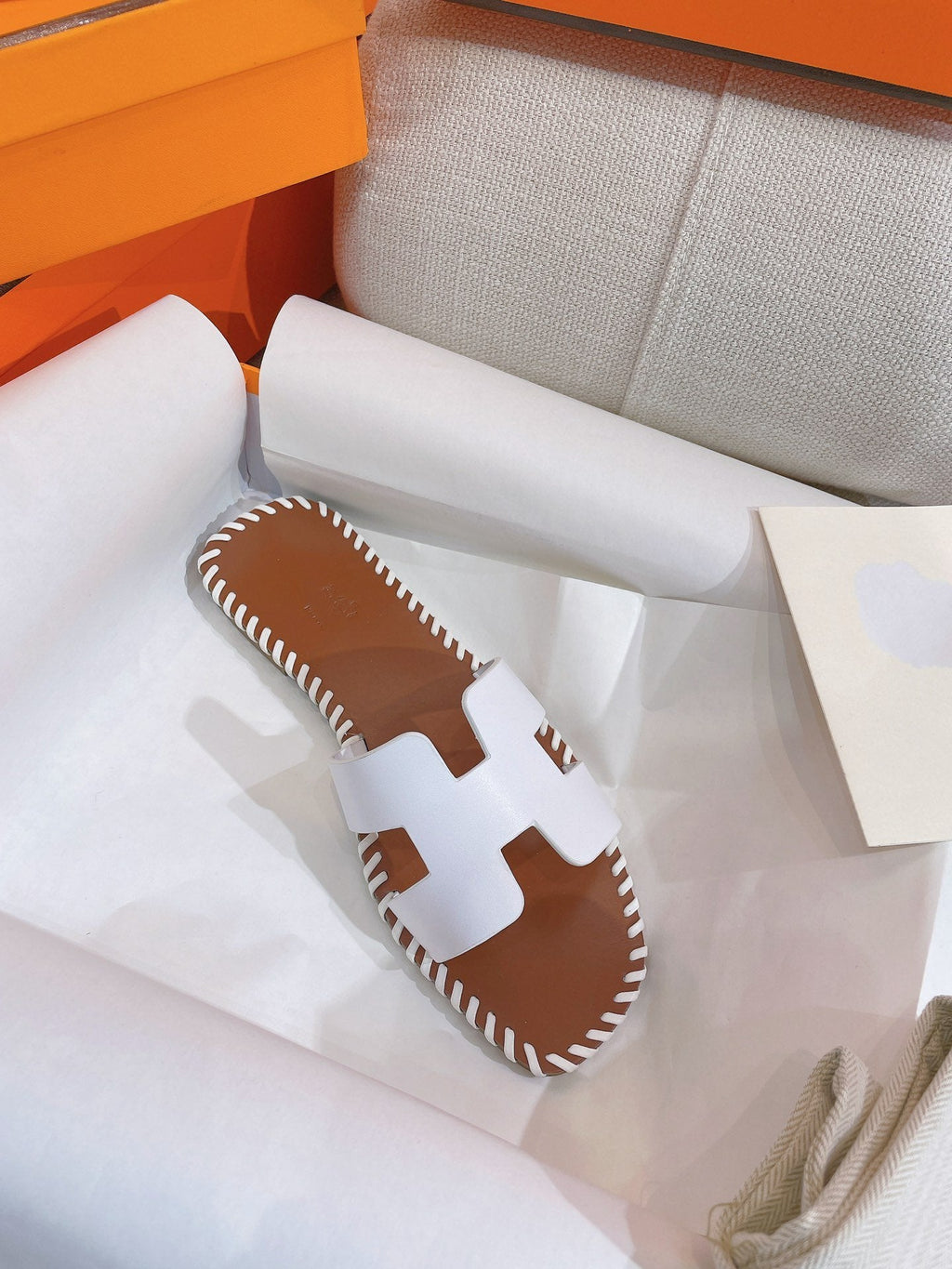 HERMES 0RAN SANDAL Braided Calfskin WHITE