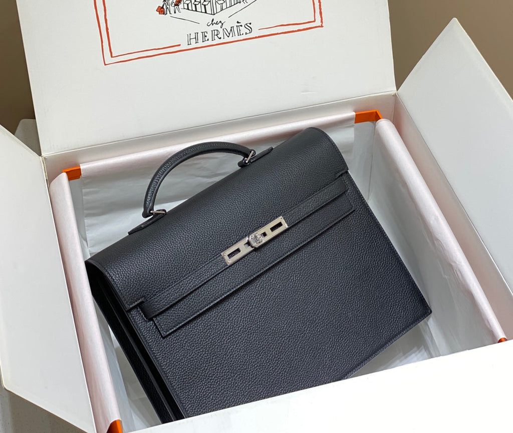 HERMES KELLY DEPECHES 34 BRIEFCASE IN BLACK TOGO CALFSKIN SILVER HARDWARE