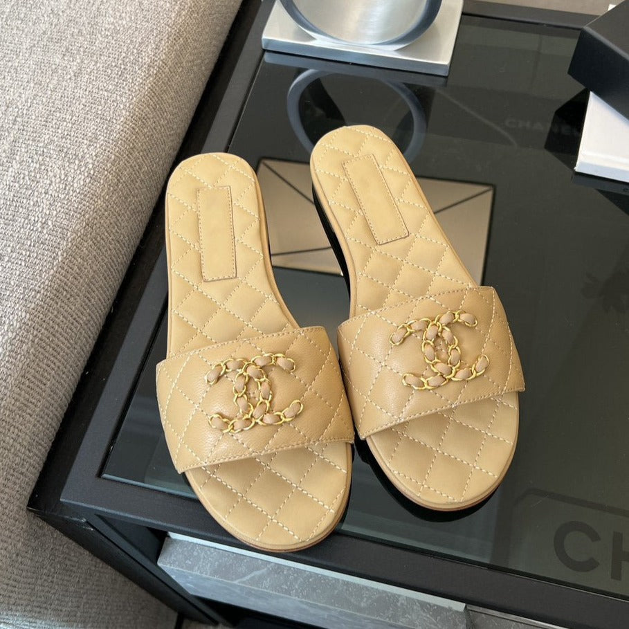 CHANEL mule sandal beige quilted lambskin