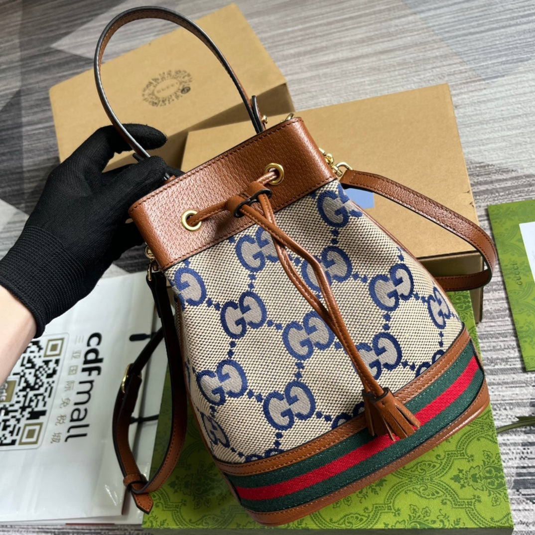 GUCCI OPHIDIA SMALL 26 BUCKET BAG IN BEIGE CANVAS AND BROWN CALFSKIN
