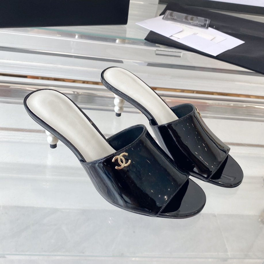 CHANEL high heel 70 mule sandals black white patent calfskin