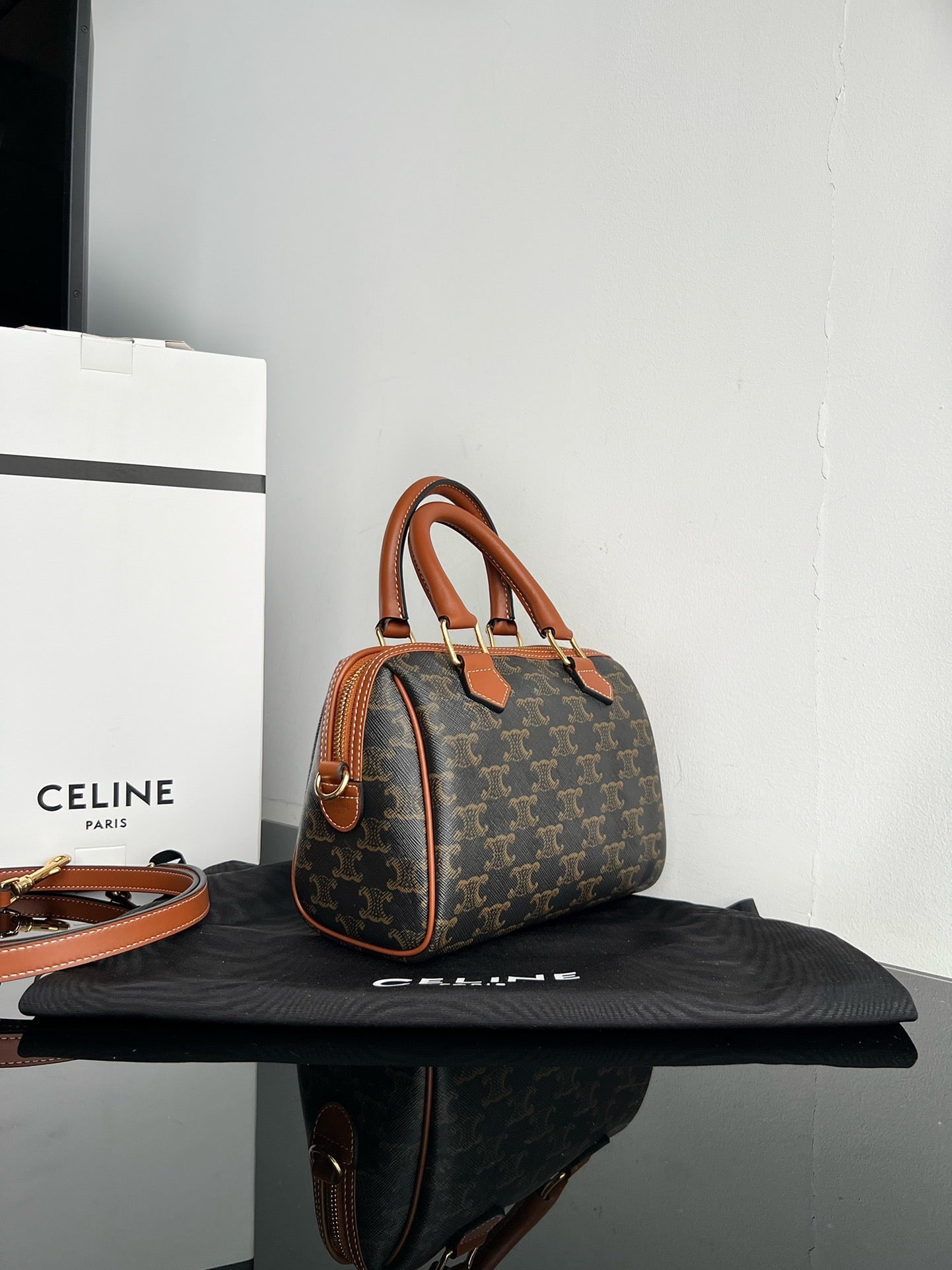 CELINE BOSTON TRIPHOME 19 BLACK PATTERN CALFSKIN