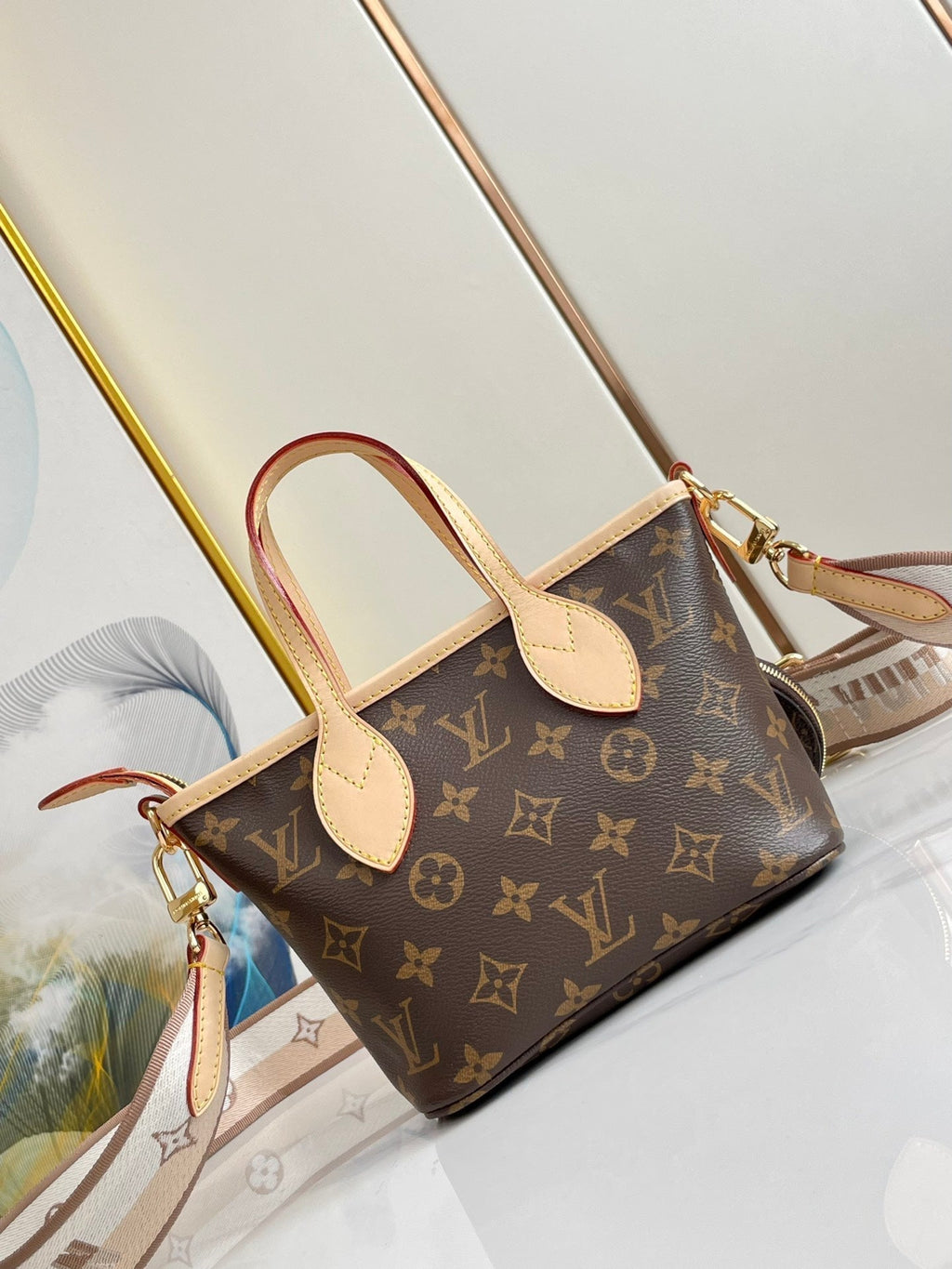 LOUIS VUITTON NEVERFULL BB 24 BROWN MONOGRAM CANVAS AND LEATHER TRIM GOLD HARDWARE