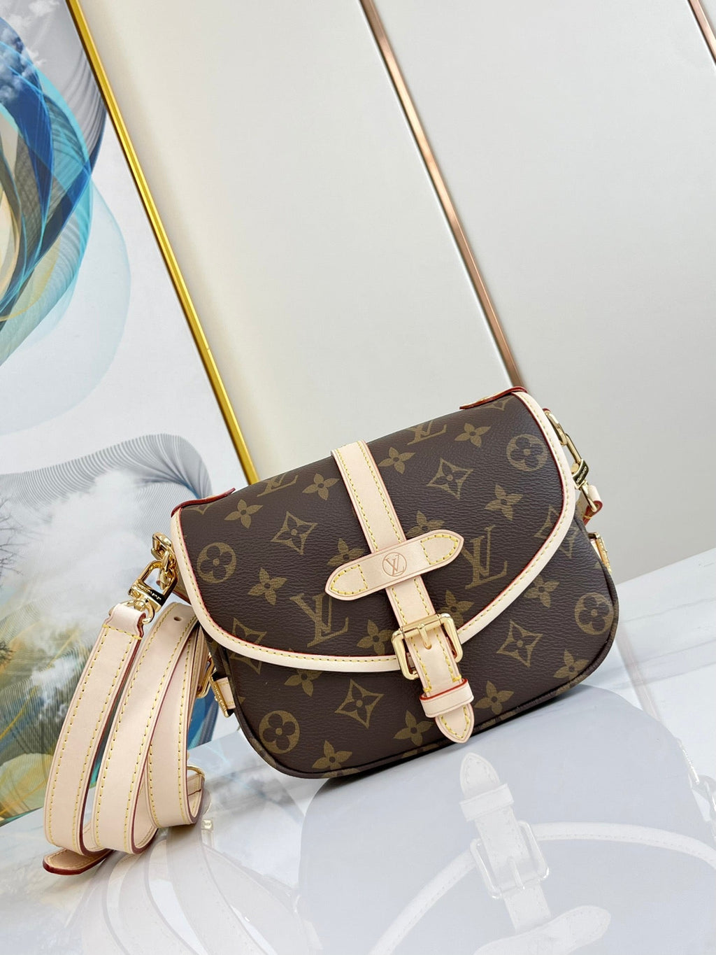 LOUIS VUITTON SAUMUR BB 20 BROWN MONOGRAM CANVAS AND LEATHER TRIM GOLD HARDWARE