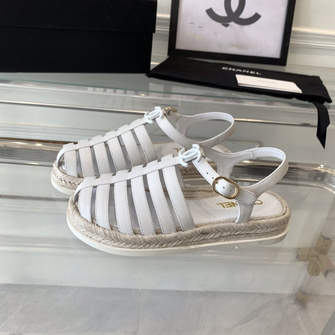 CHANEL roman sandals white lambskin