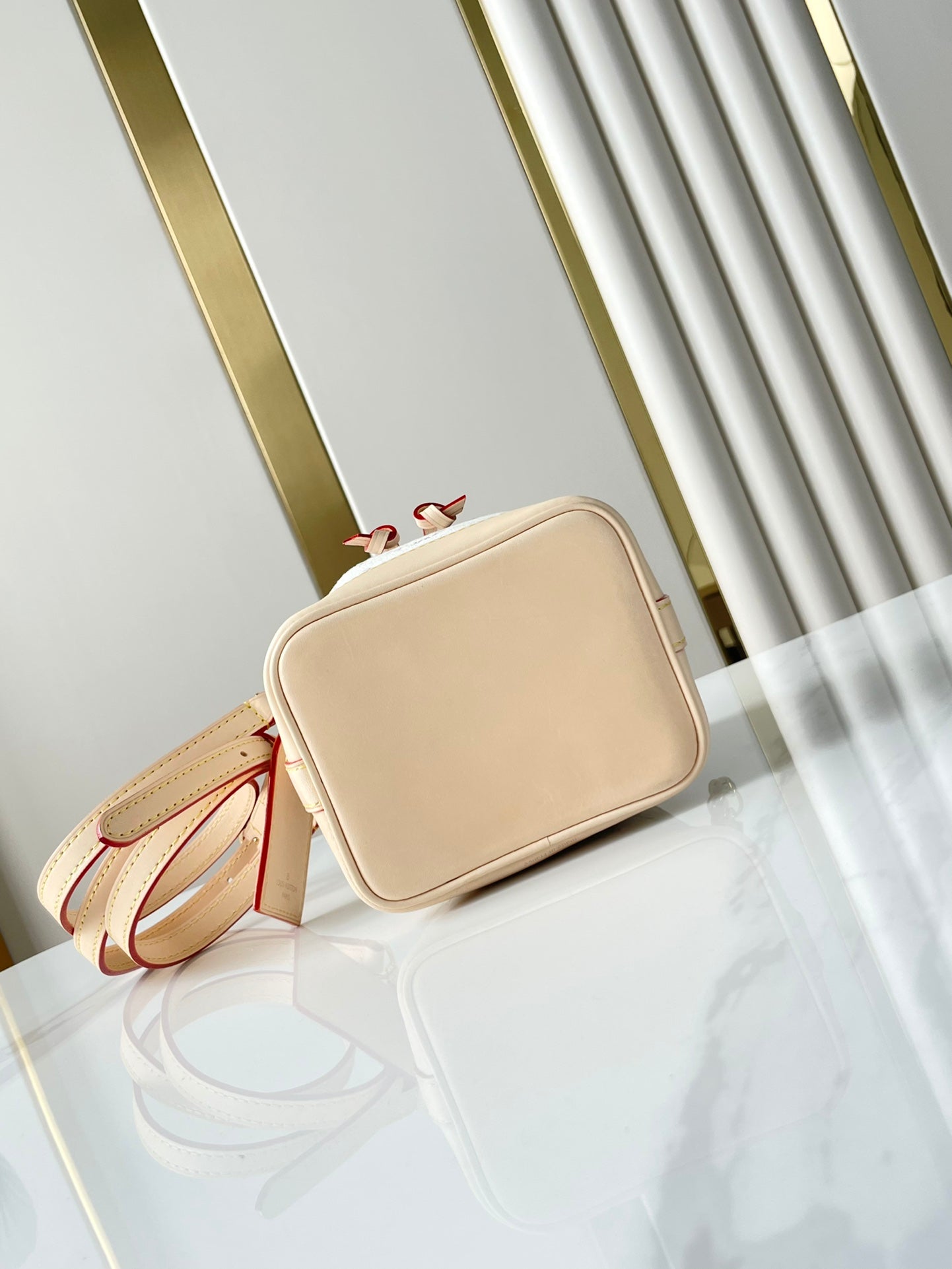 LOUIS VUITTON NANO NOÉ 16 IN WHITE MONOGRAM JACQUARD FABRIC AND BEIGE CALFSKIN TRIM