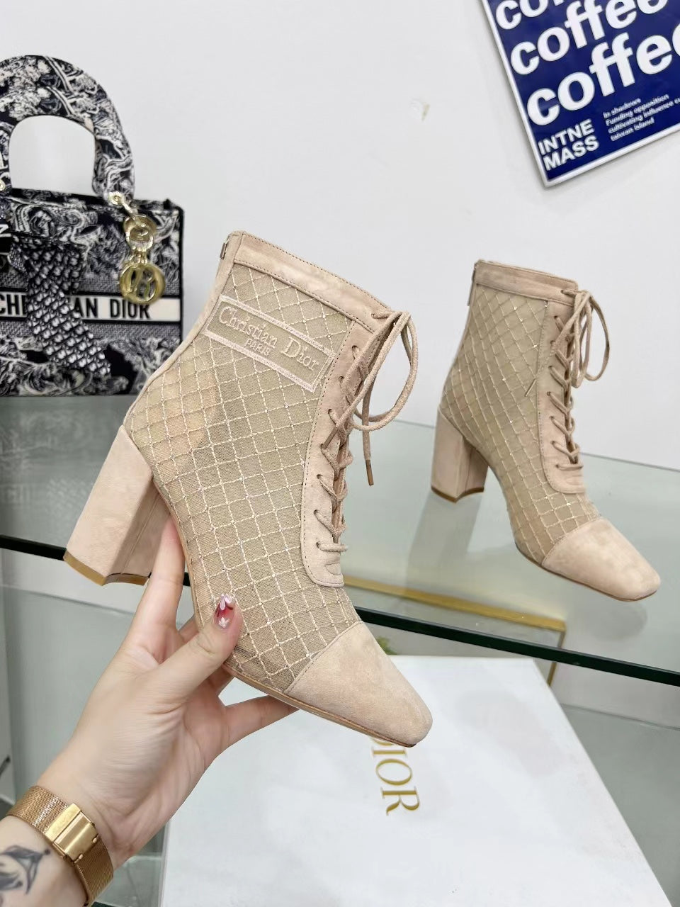 DIOR NAUGHTILY-D HEELED ANKLE BOOT IN BISQUE BEIGE EMBROIDERED MESH AND SUEDE 8 CM