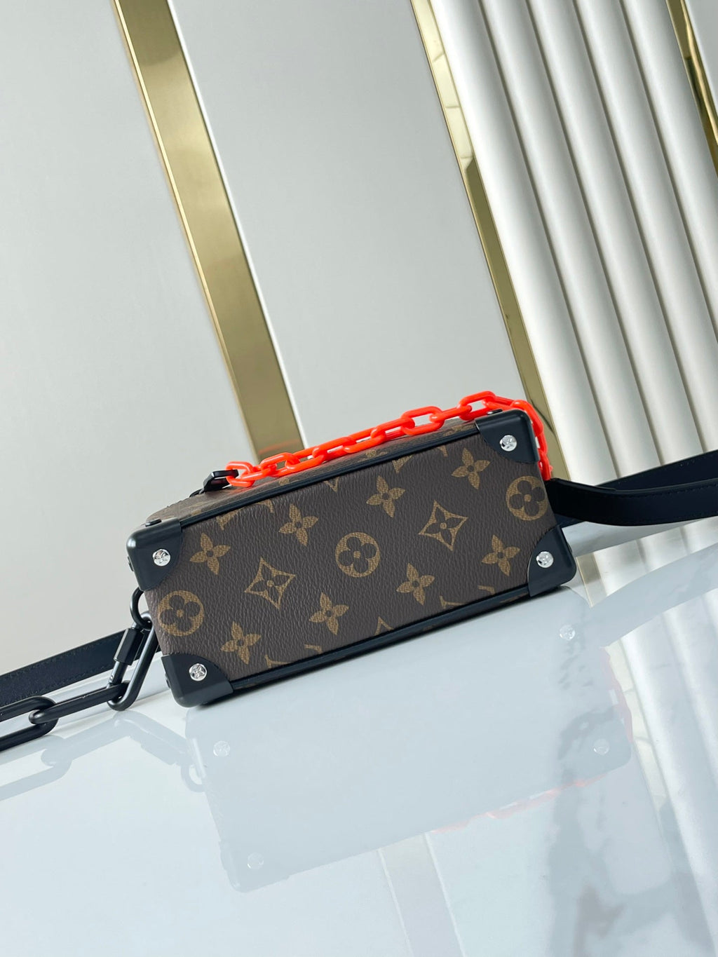 LOUIS VUITTON MINI SOFT TRUNK 18 IN BROWN MONOGRAM CANVAS RED ORANGE CHAIN