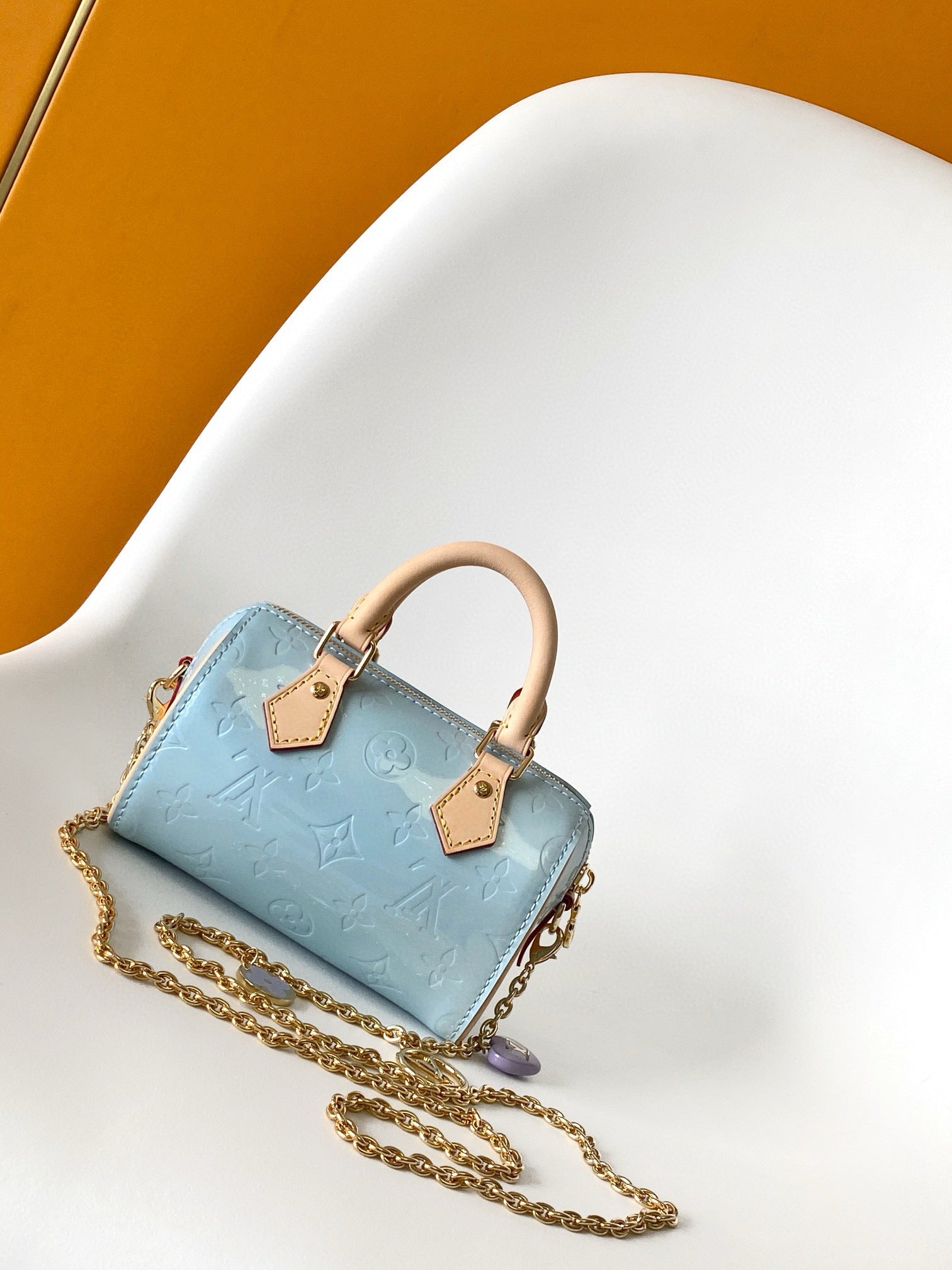 LOUIS VUITTON NANO SPEEDY 16 IN PASTEL MONOGRAM VERNIS GOLD HARDWARE