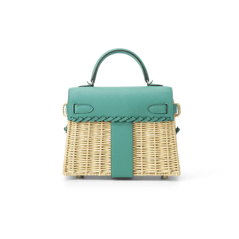 HERMES KELLY 20CM JAUNE DE NAPLES SWIFT IN TURQUOISE LEATHER AND WICKER SILVER HARDWARE