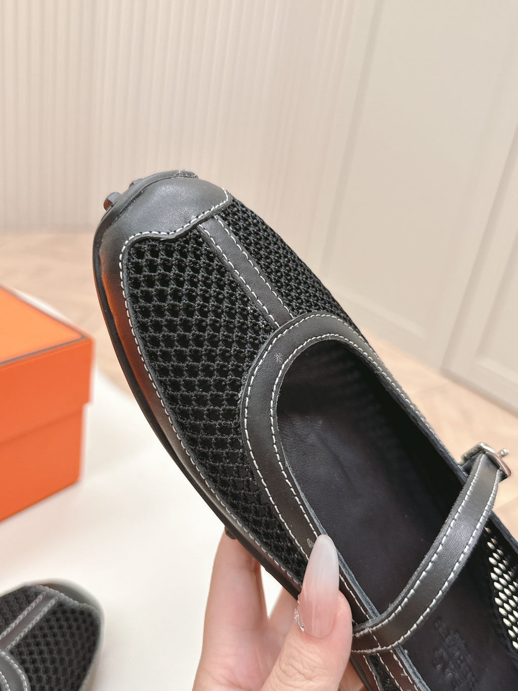 HERMES KICHU BALLET FLAT IN BLACK CROCHET KNIT AND CALFSKIN