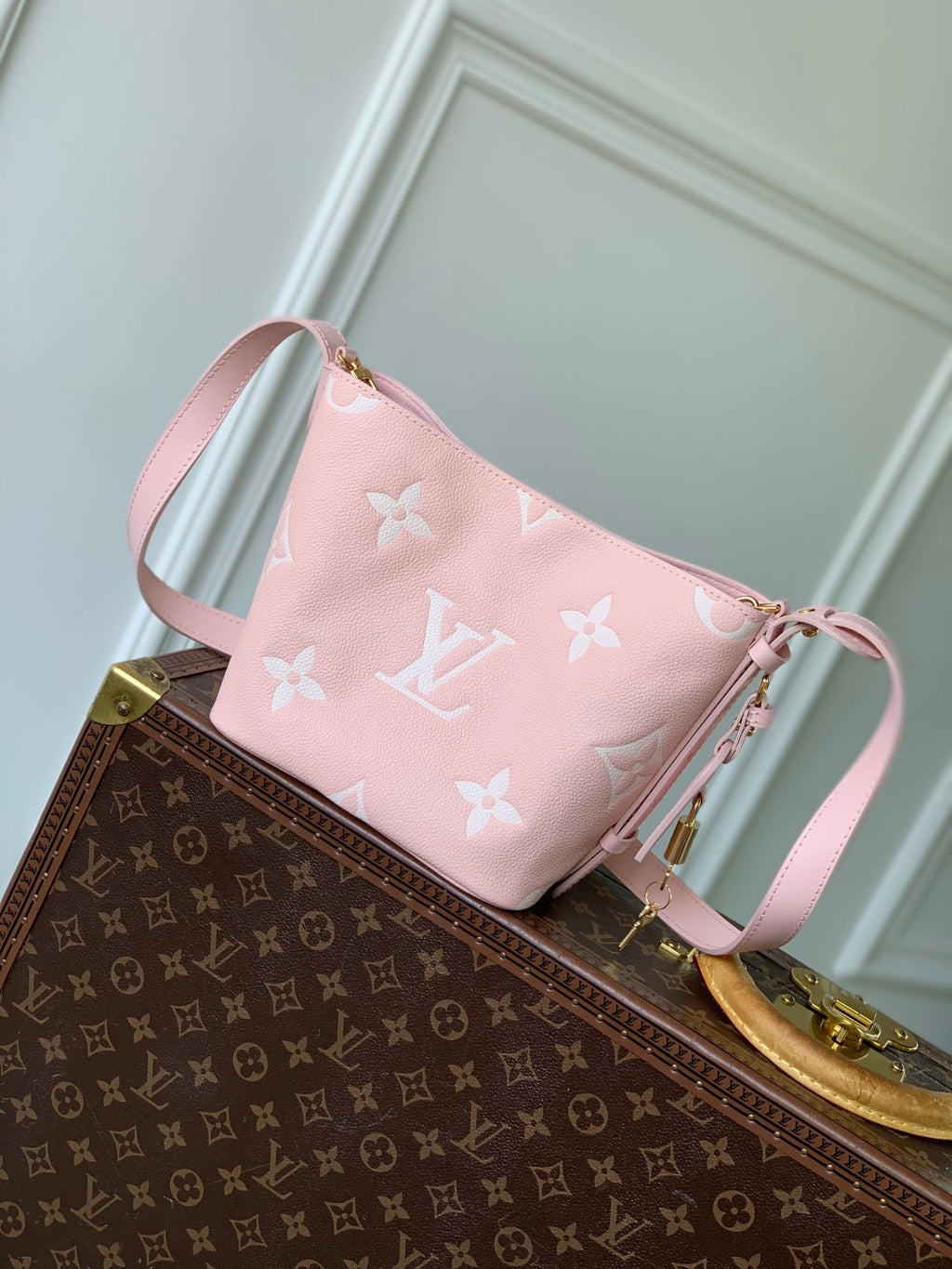 LOUIS VUITTON ALL IN BB BAG 18 IN QUARTZ PINK AND BEIGE EMBOSSED COWHIDE