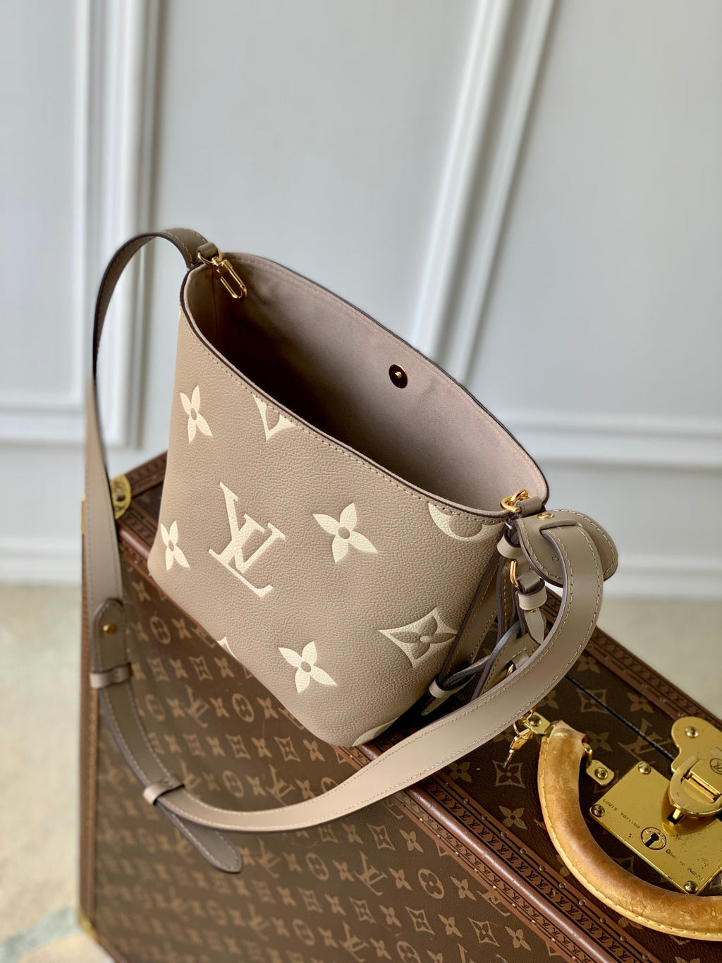 LOUIS VUITTON ALL IN BB BAG 18 IN TOURTERELLE GREY AND CREAM EMBOSSED COWHIDE