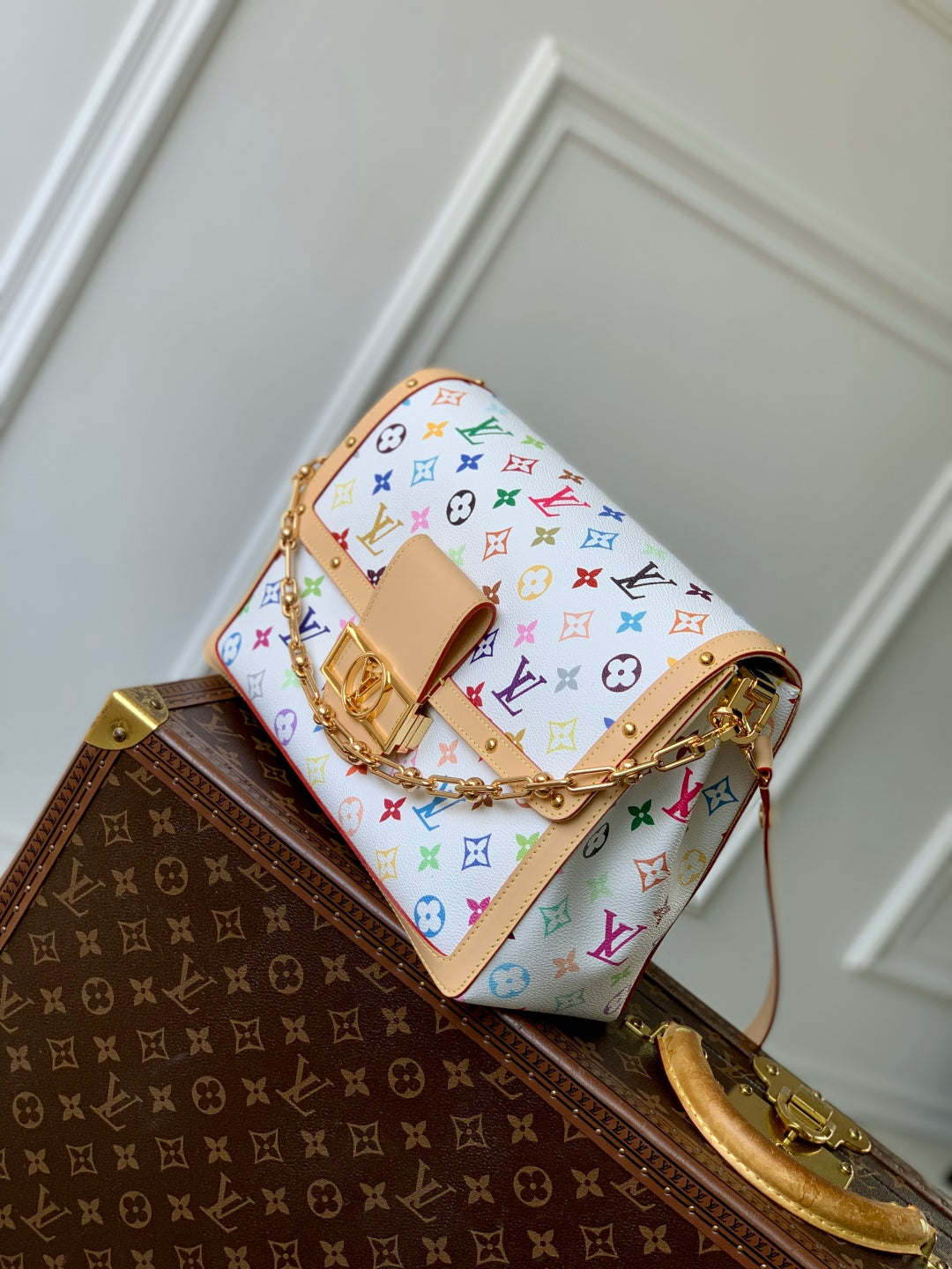 LOUIS VUITTON LV x TM DAUPHINE SOFT 28 IN COLORFUL MONOGRAM PATTERN AND WHITE COATED CANVAS