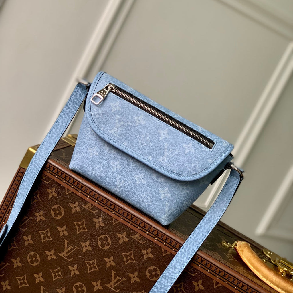 LOUIS VUITTON PULSE MESSENGER 22.5 IN BLUE MONOGRAM COATED CANVAS AND CALFSKIN
