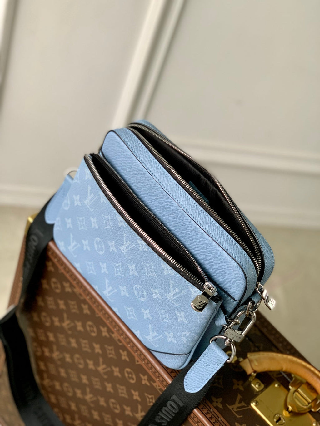 LOUIS VUITTON TRIO MESSENGER BAG 25 IN BLUE MONOGRAM COATED CANVAS AND CALFSKIN