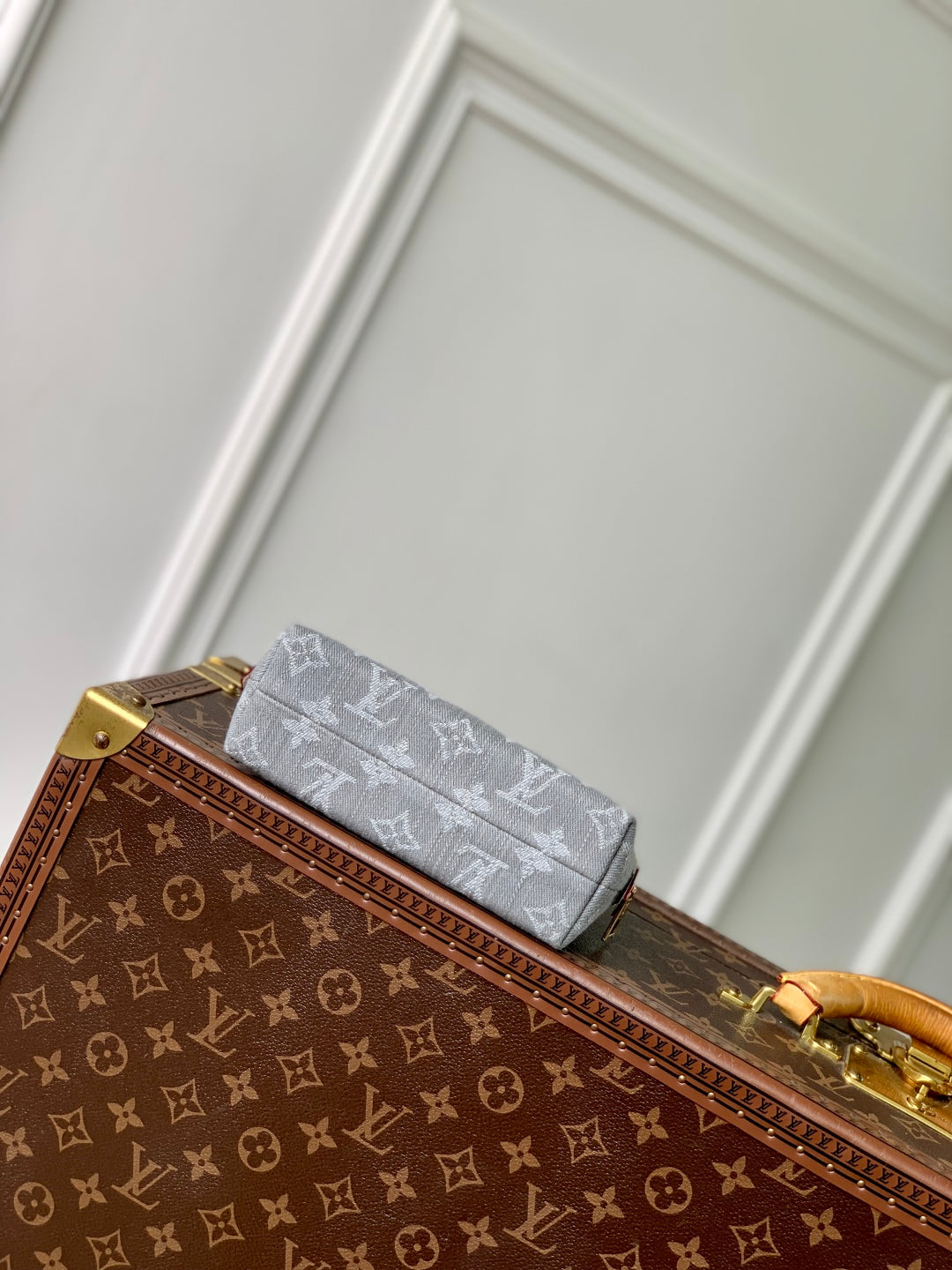 LOUIS VUITTON COSMETIC POUCH 19 IN GREY MONOGRAM DENIM GOLD HARDWARE