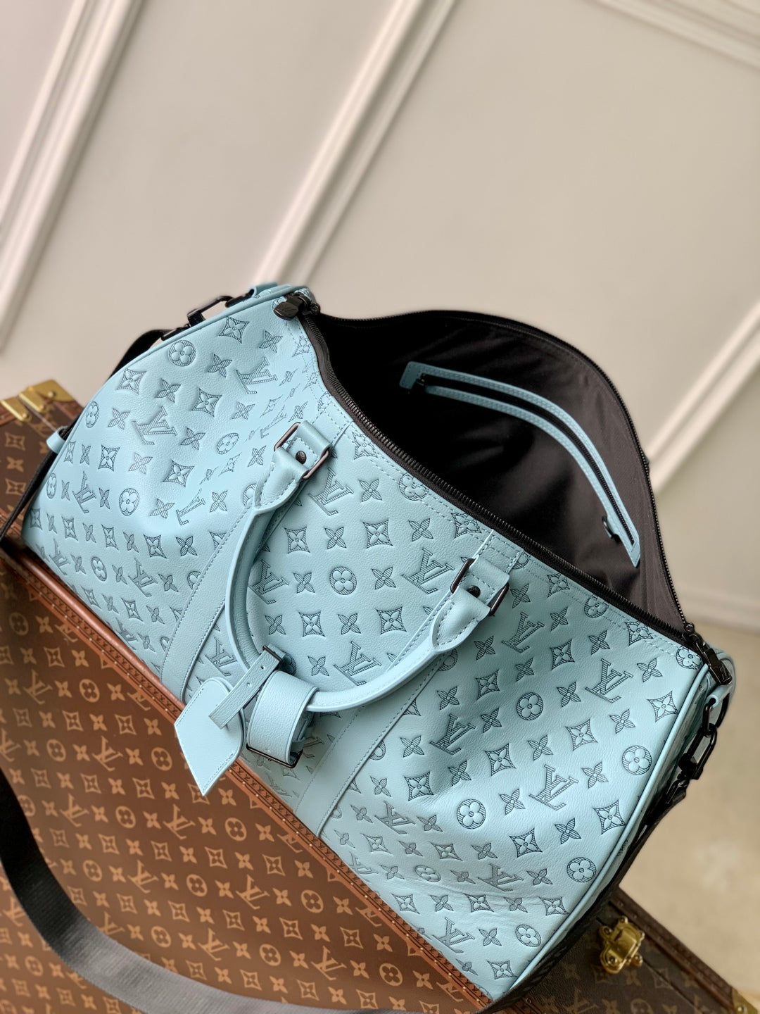 LOUIS VUITTON KEEPALL BANDOULIÈRE 50 IN SKY BLUE MONOGRAM SHADOW EMBOSSED CALFSKIN
