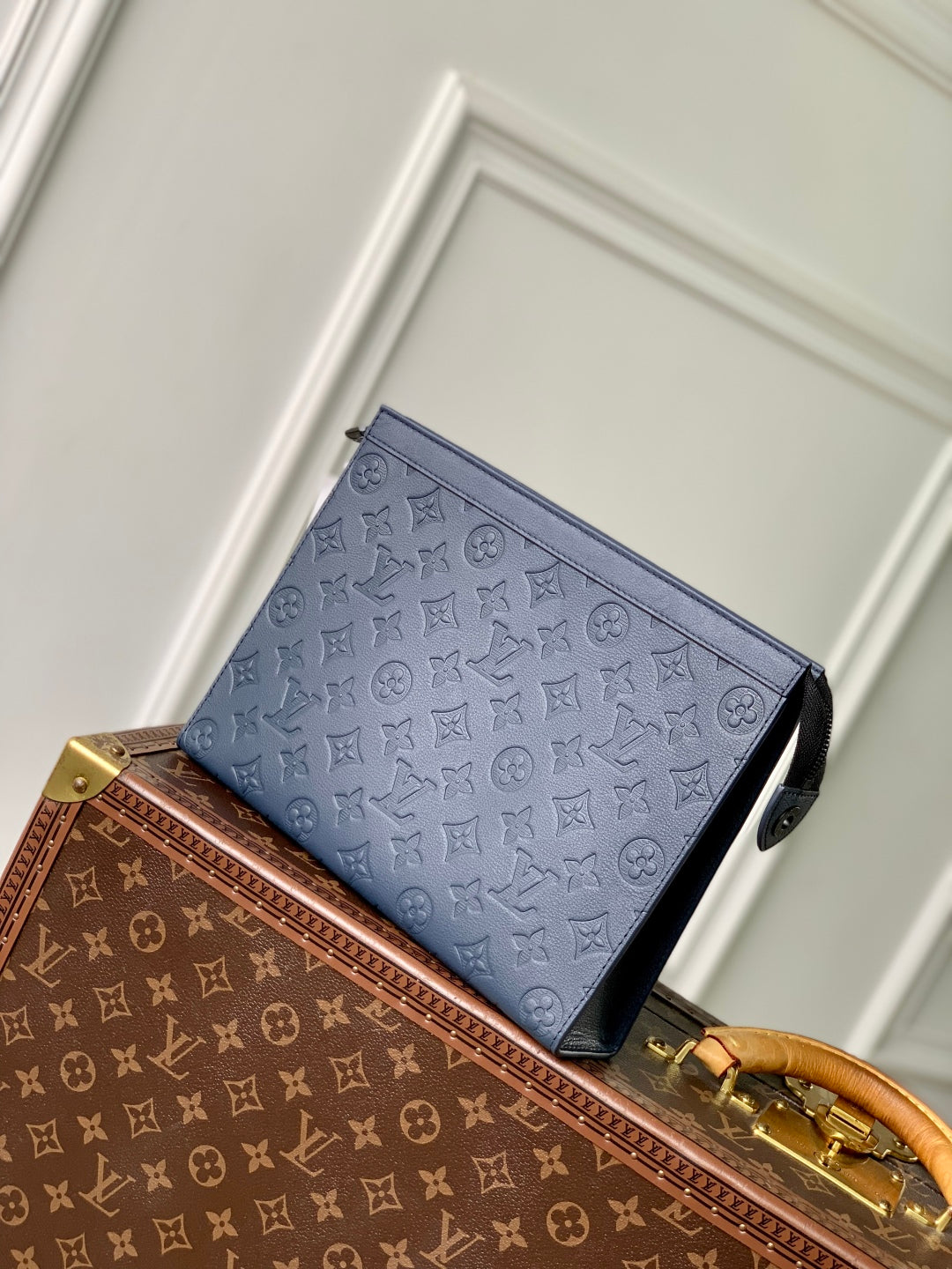 LOUIS VUITTON POCHETTE VOYAGE 27 IN DARK BLUE MONOGRAM ECLIPSE CALFSKIN EMBOSSED LOGO