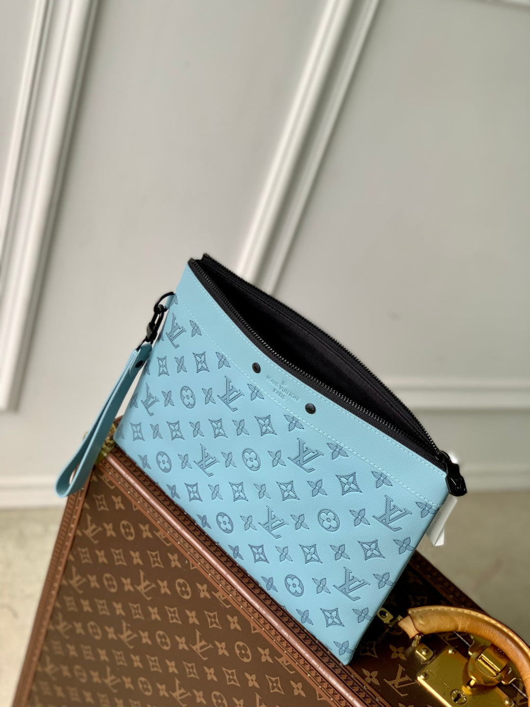 LOUIS VUITTON POCHETTE TO GO 30 IN SKY BLUE MONOGRAM SHADOW CALFSKIN EMBOSSED LOGO