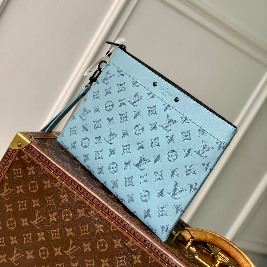 LOUIS VUITTON POCHETTE TO GO 30 IN SKY BLUE MONOGRAM SHADOW CALFSKIN EMBOSSED LOGO