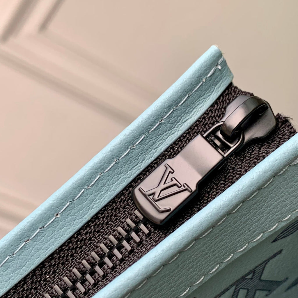 LOUIS VUITTON GASTON WEARABLE WALLET 22 IN SKY BLUE MONOGRAM SHADOW CALFSKIN EMBOSSED LOGO