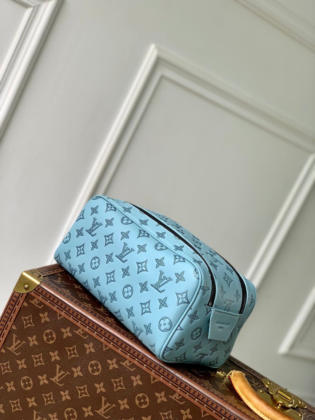 LOUIS VUITTON DOPP KIT 28 IN SKY BLUE MONOGRAM SHADOW CALFSKIN EMBOSSED LOGO