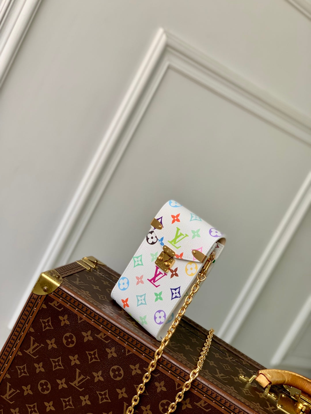 LOUIS VUITTON PHONE POUCH 17.5 IN WHITE MULTICOLORED MONOGRAM COATED CANVAS