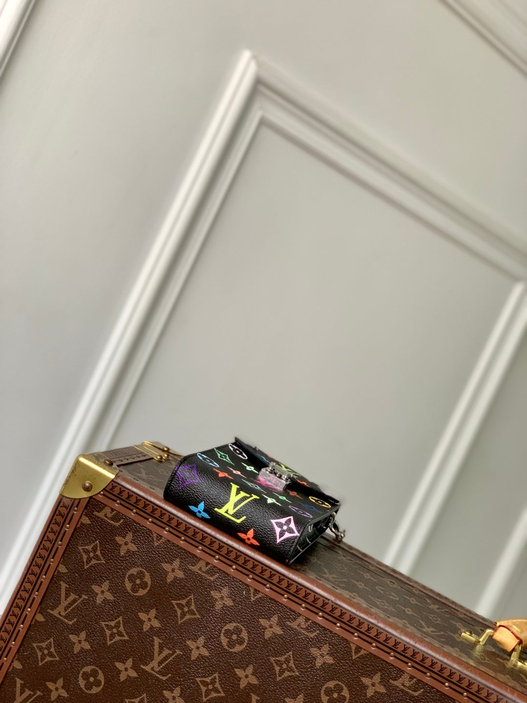 LOUIS VUITTON PHONE POUCH 17.5 IN BLACK MULTICOLORED MONOGRAM COATED CANVAS