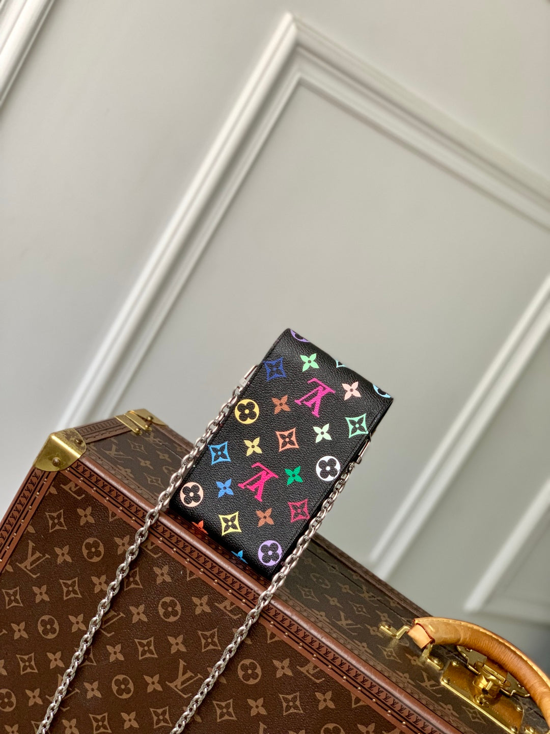 LOUIS VUITTON PHONE POUCH 17.5 IN BLACK MULTICOLORED MONOGRAM COATED CANVAS