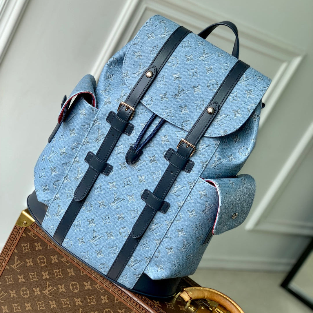 LOUIS VUITTON CHRISTOPHER MM BACKPACK 44 IN SKY BLUE MONOGRAM HERITAGE CANVAS BLACK CALFSKIN
