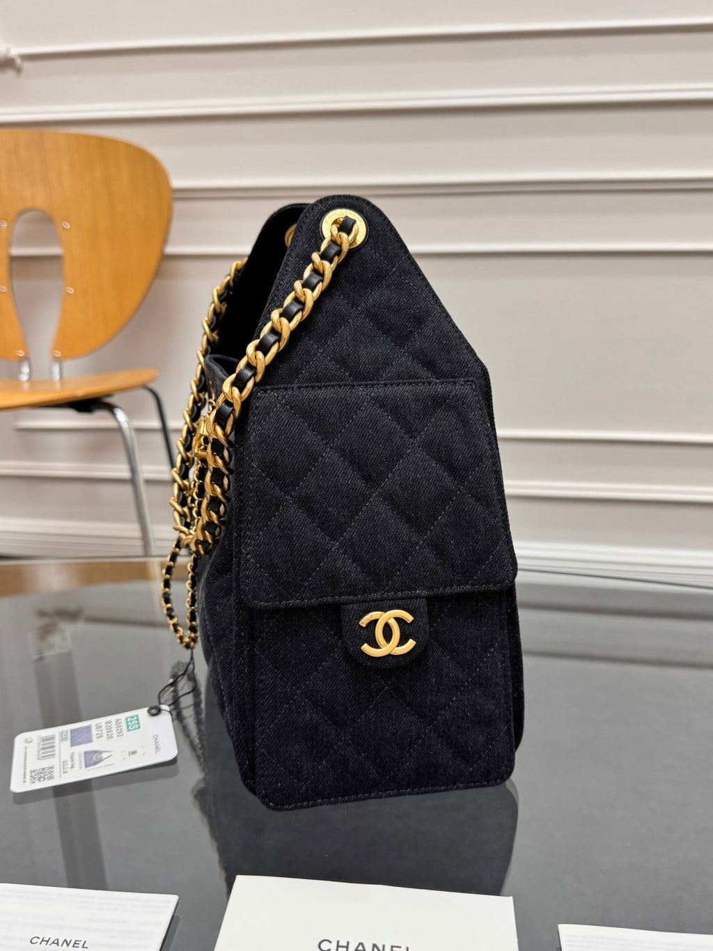 CHANEL 25S HOBO BAG 30 IN BLACK-GRAY DENIM WITH GOLD HARDWARE