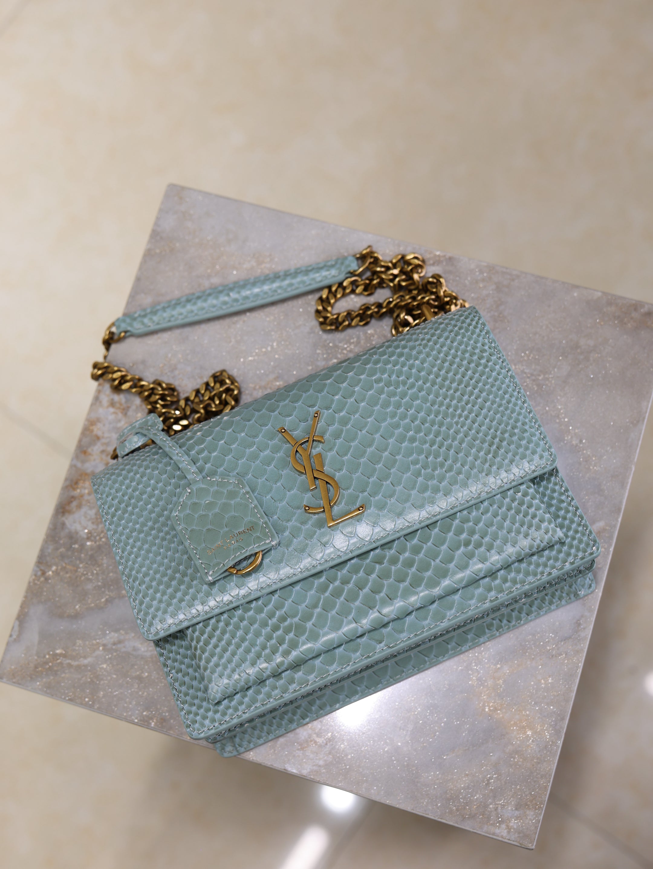 YSL 25S SUNSET MEDIUM 22 IN LIGHT BLUE CROCODILE-EMBOSSED CALFSKIN GOLD HARDWRE