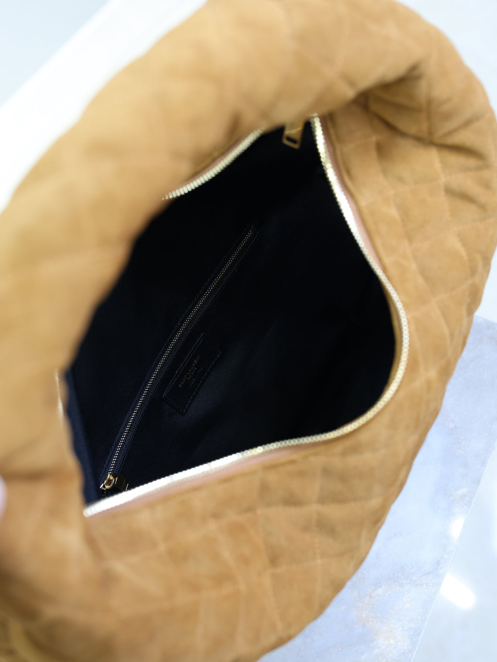 YSL 25S ICARINO 44 IN CARAMEL QUILTED SUEDE GOLD HARDWRE