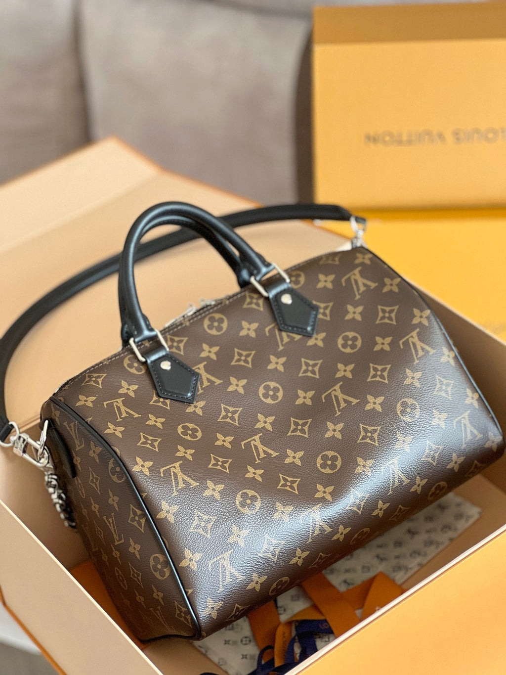 LOUIS VUITTON LV 25S SPEEDY SOFT 30 IN BROWN MONOGRAM CANVAS AND CALFSKIN SILVER HARDWARE