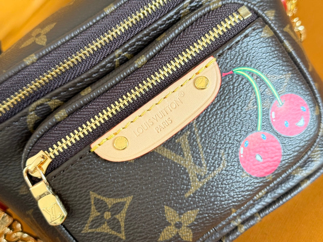 LOUIS VUITTON LV 25S MINI BUMBAG 17 IN BROWN CANVAS MONOGRAM CHERRY PRINT GOLD HARDWARE