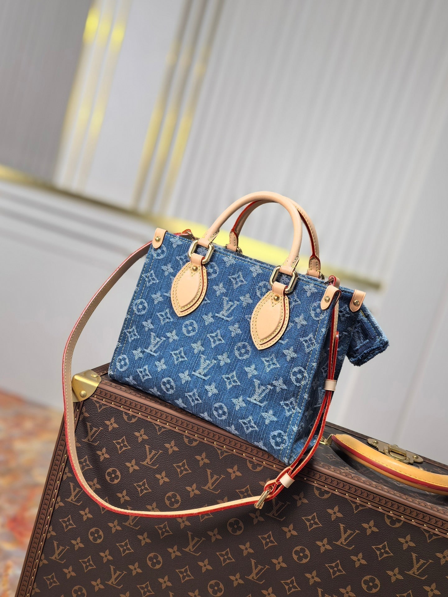 LOUIS VUITTON LV 25S ONTHEGO 28 IN BLUE MONOGRAM DENIM COTTON CALFSKIN LEATHER STRAP