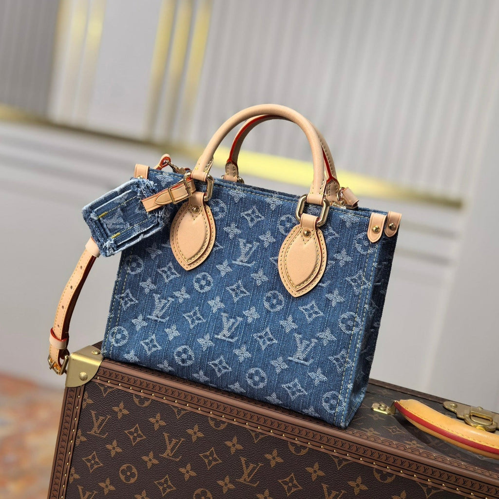 LOUIS VUITTON LV 25S ONTHEGO 28 IN BLUE MONOGRAM DENIM COTTON CALFSKIN LEATHER STRAP