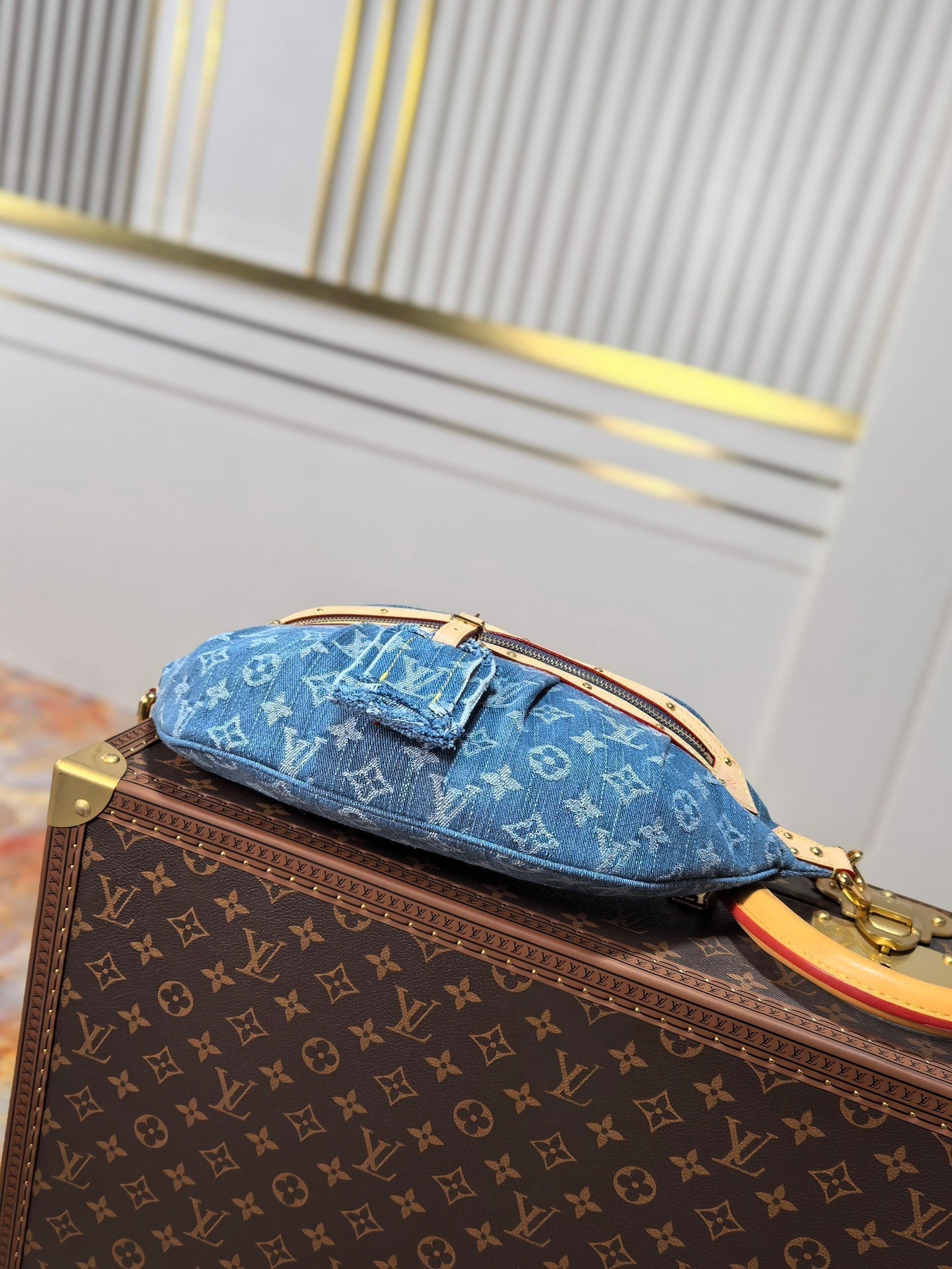 LOUIS VUITTON LV 25S BUMBAG 38 IN BLUE MONOGRAM DENIM LEATHER TRIM GOLD HARDWARE