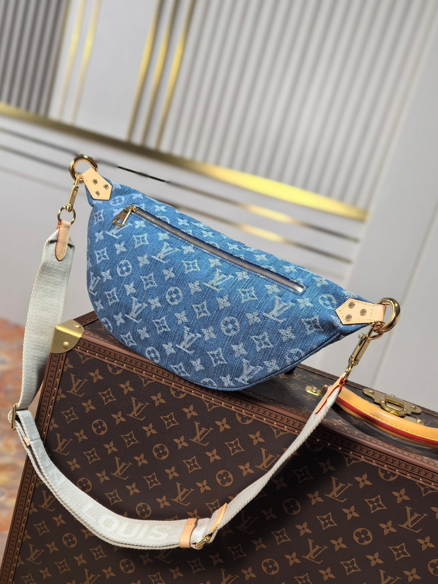 LOUIS VUITTON LV 25S BUMBAG 38 IN BLUE MONOGRAM DENIM LEATHER TRIM GOLD HARDWARE