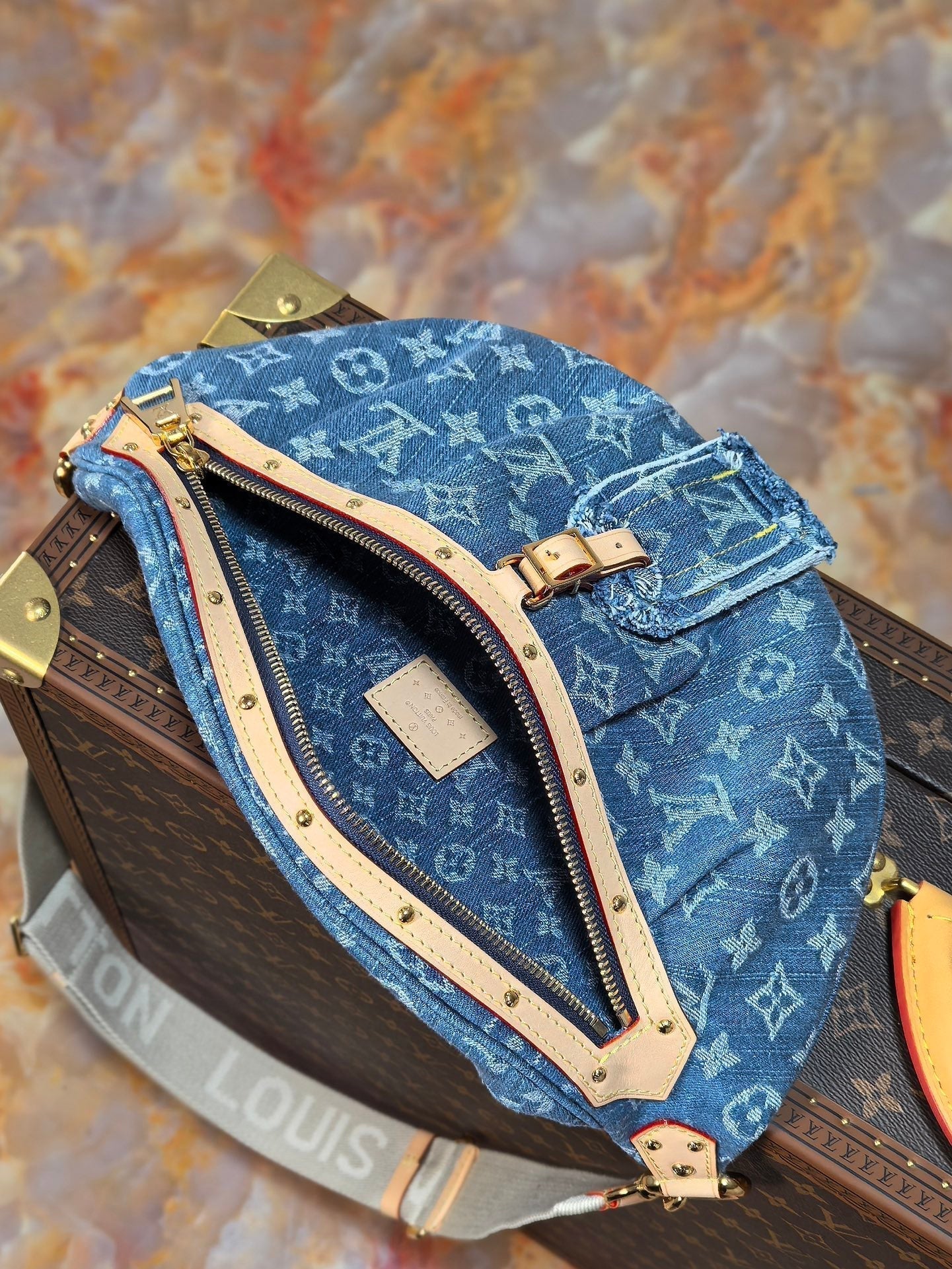 LOUIS VUITTON LV 25S BUMBAG 38 IN BLUE MONOGRAM DENIM LEATHER TRIM GOLD HARDWARE