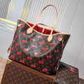 LOUIS VUITTON LV 25S NEVERFULL 31 IN DARK BROWN MONOGRAM CHERRY LEATHER TRIM GOLD HARDWARE